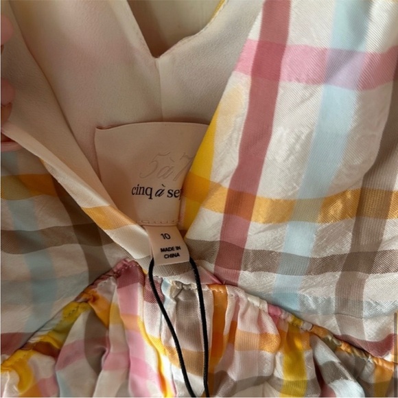 NWT Cinq a Sept Astor tiered midi dress - white sheer multi plaid - Picture 4 of 6